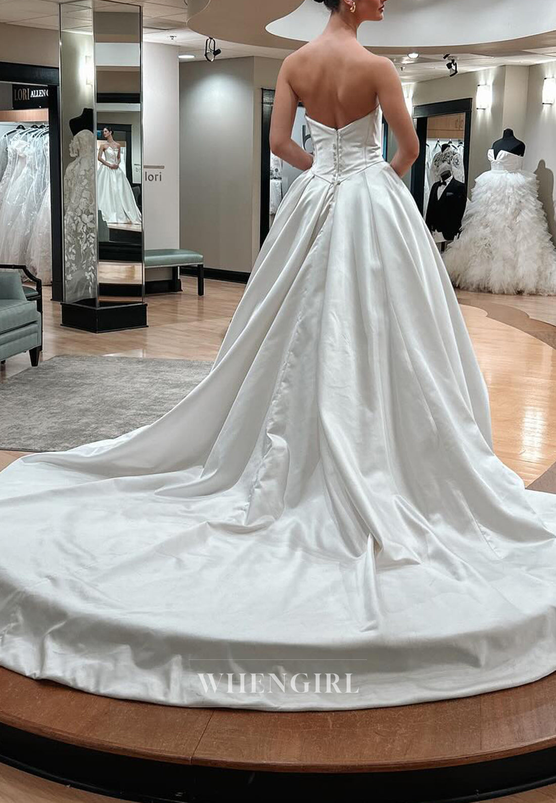 Beaded V Neck Sleeveless Pleated Back Zipper A-Line Satin Wedding Dress with Chaple Train