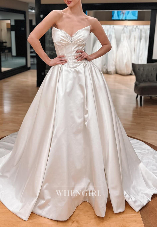 Beaded V Neck Sleeveless Pleated Back Zipper A-Line Satin Wedding Dress with Chaple Train
