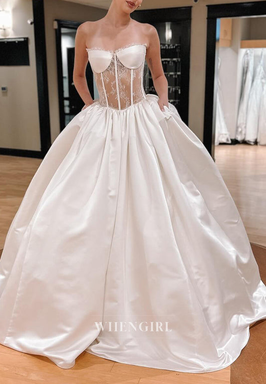 Strapless  Lace Top Sleeveless Back Zipper Ball Gown Court Train Wedding Dress