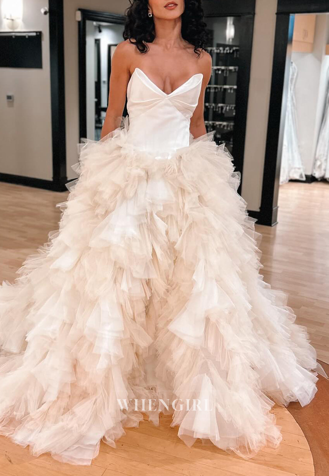 V Neck Pleated Sleeveless Strapless Court Train Multi Tiered Tulle Hem Wedding Dress