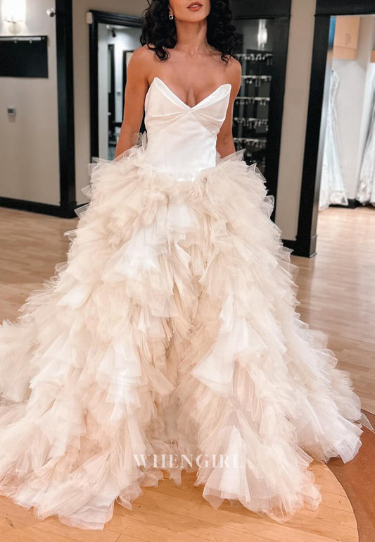V Neck Pleated Sleeveless Strapless Court Train Multi Tiered Tulle Hem Wedding Dress