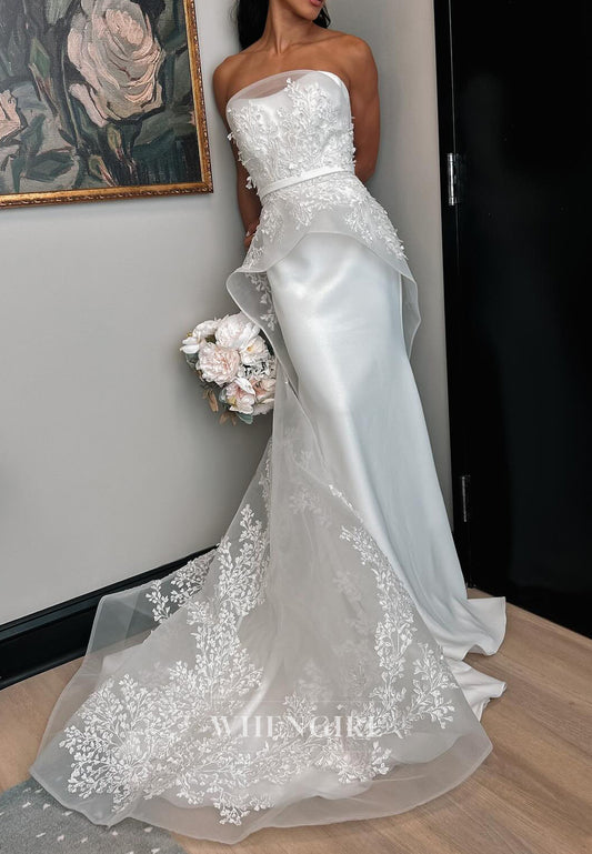 Sheath Tube Top Sleeveless Appliqued Lace Sweep Train Wedding Dress