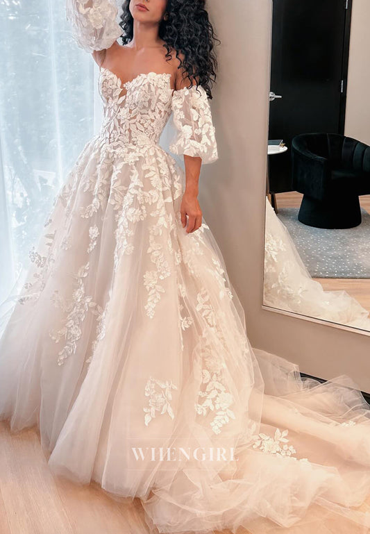A-Line Short Puff Sleeves Off Shoulder Appliqued Lace Court Train Wedding Dress