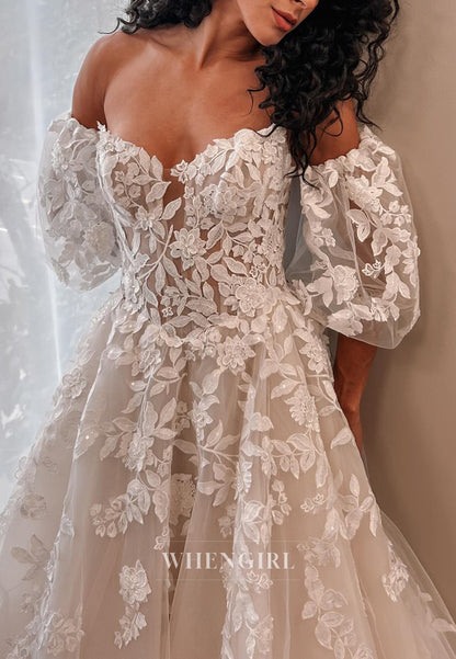 A-Line Short Puff Sleeves Off Shoulder Appliqued Lace Court Train Wedding Dress