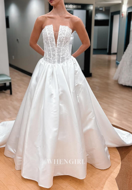 V Neck Beaded Floral Sleeveless A-Line Chapel Train Wedding Dress
