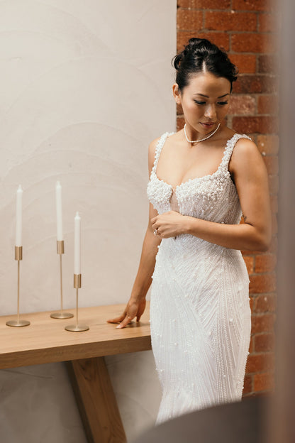 Mermaid Sleeveless Back Zipper Pearl Beaded Wedding Dress