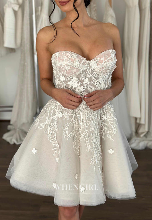 Sweetheart Vine Floral Tulle Sleeveless A-Line Back Zipper Short Wedding Dress