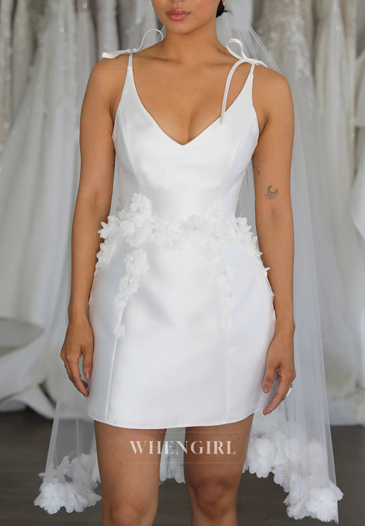 Sheath Satin Bowknot Straps Sleeveless V Neck Floral Short Wedding Dress with Viel