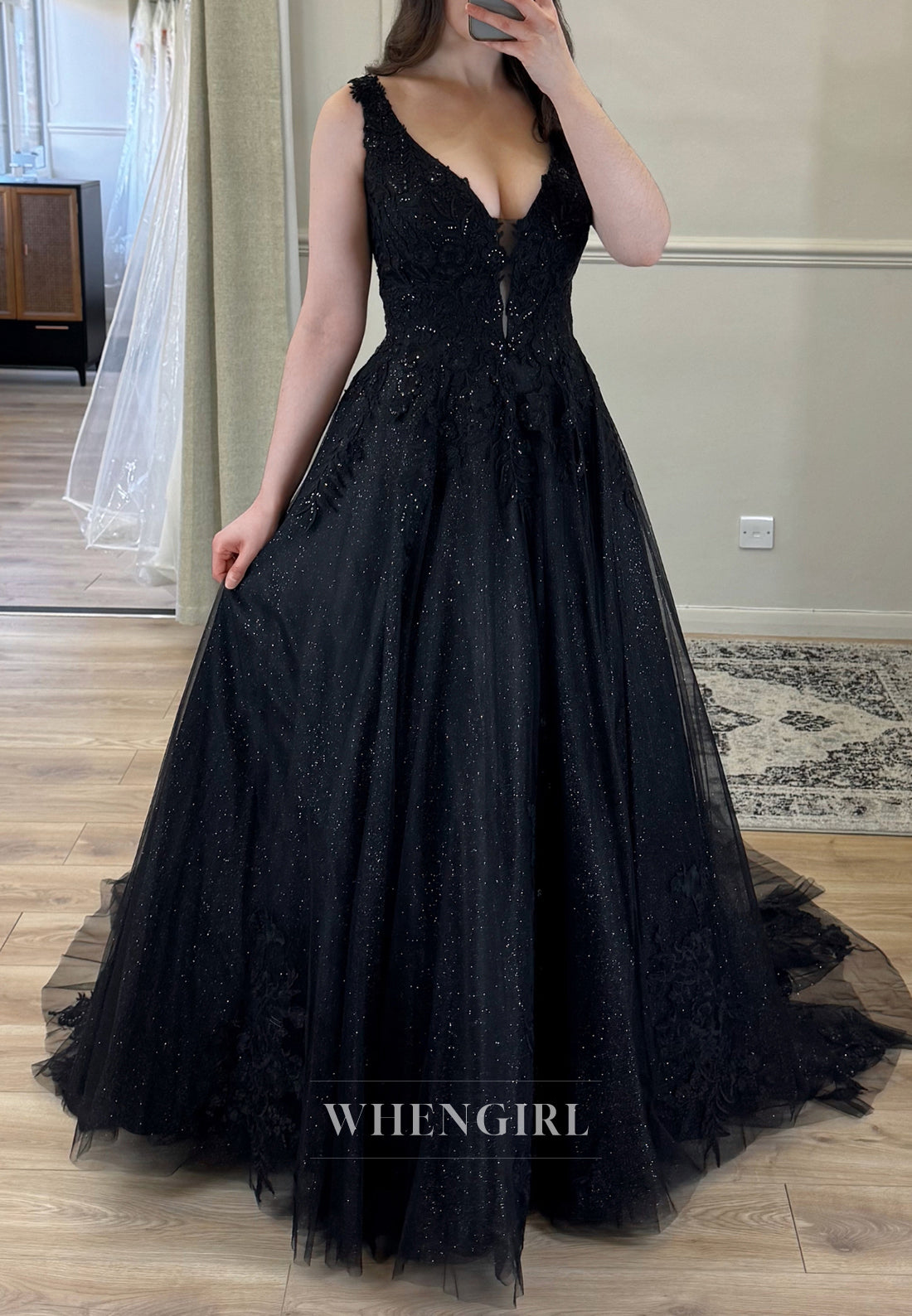 Black V Neck Detachable Long Sleeves Beade Appliqued Lace Court Train Wedding Dress