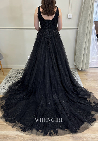 Black V Neck Detachable Long Sleeves Beade Appliqued Lace Court Train Wedding Dress