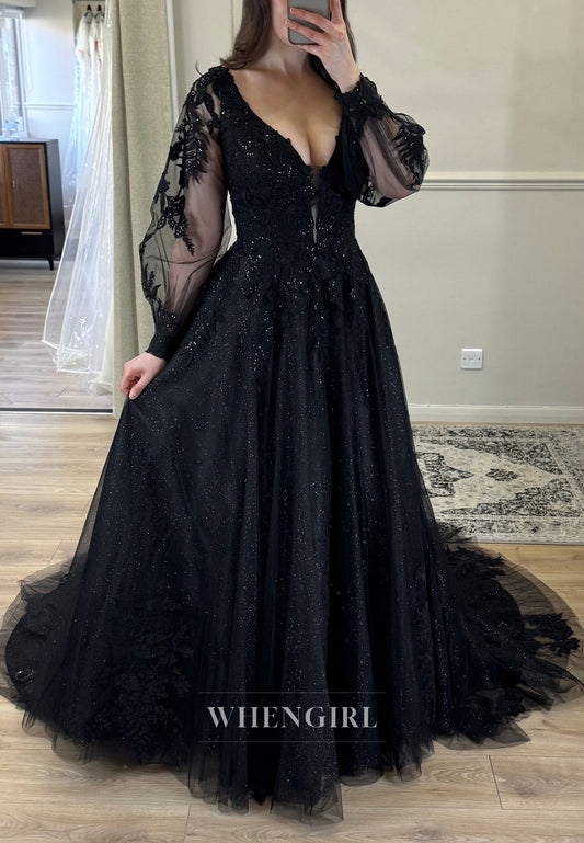 Black V Neck Detachable Long Sleeves Beade Appliqued Lace Court Train Wedding Dress