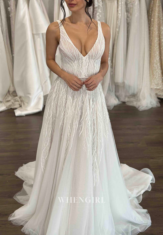 V Neck Sleeveelss Beaded Straps Vine Sweep Train A-Line Wedding Dress