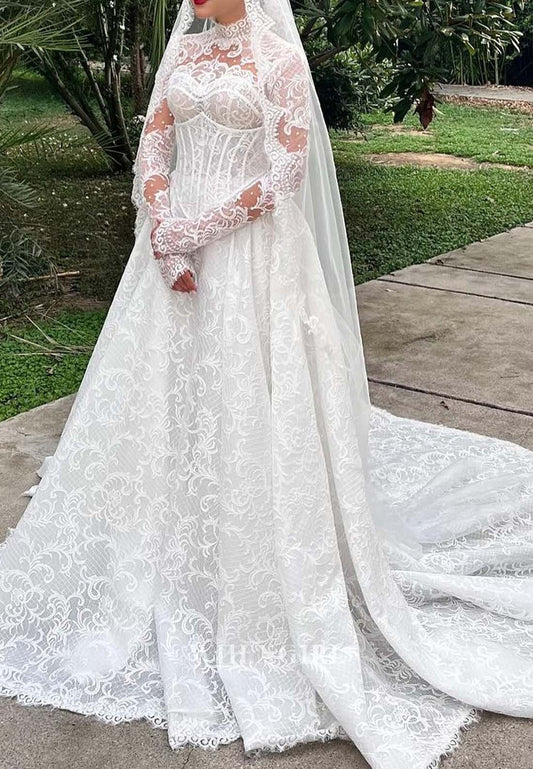 High Neck Long Sleeves Appliqued Lace A-Line Court Train Wedding Dress