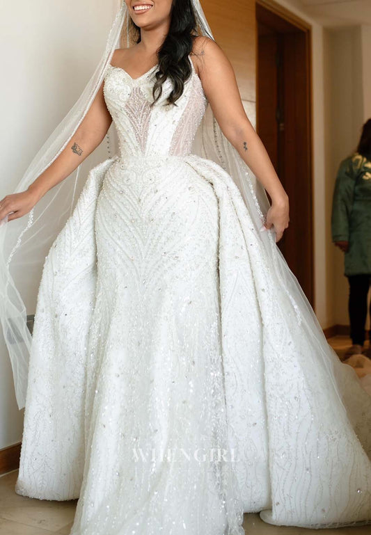 V Neck Pearls Beading Sleeveless Removable Train Long Wedding Dress