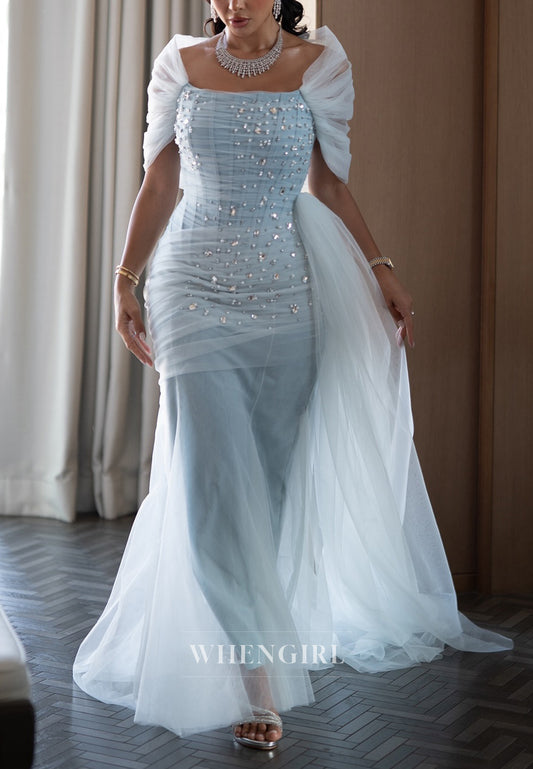 Light Blue Pleated Square Neck Cap Sleeves Beaded Sheath Formal Evening Dress