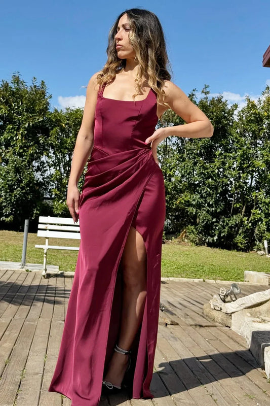 Burgundy Satin Formal Gown for Wedding Guests Maxi Dress Square Neck