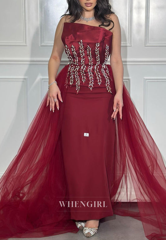 Sheath Asymmetrical Neck Sleeveless Beaded Ankle Length Tulle Train Evening Dress