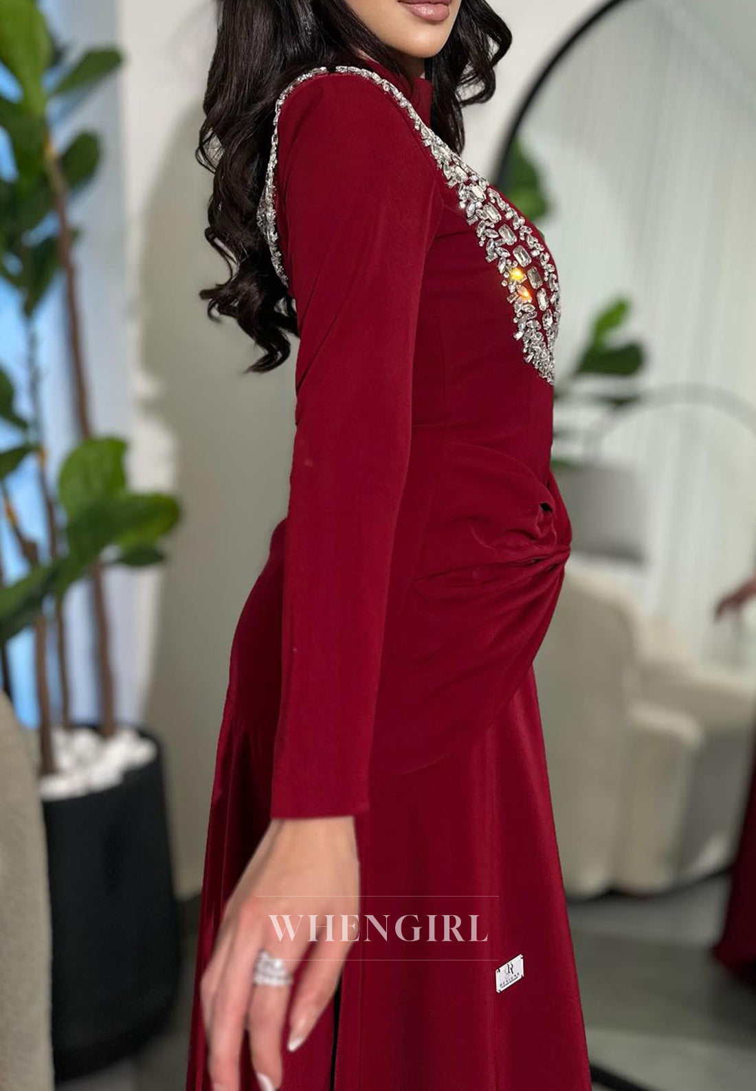Burgundy Rhinestones Beading Long Sleeves Pleated Back Zipper High Neck A-Line Evening Gown