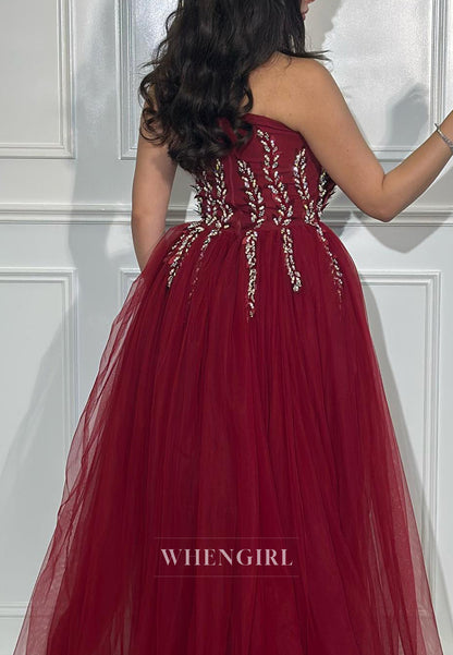 Sheath Asymmetrical Neck Sleeveless Beaded Ankle Length Tulle Train Evening Dress