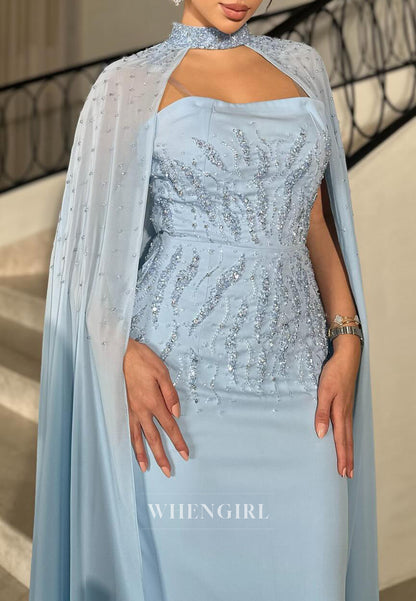 Blue Sheath Sleeveless Beaded Back Zipper Formal Evening Dress with Cape