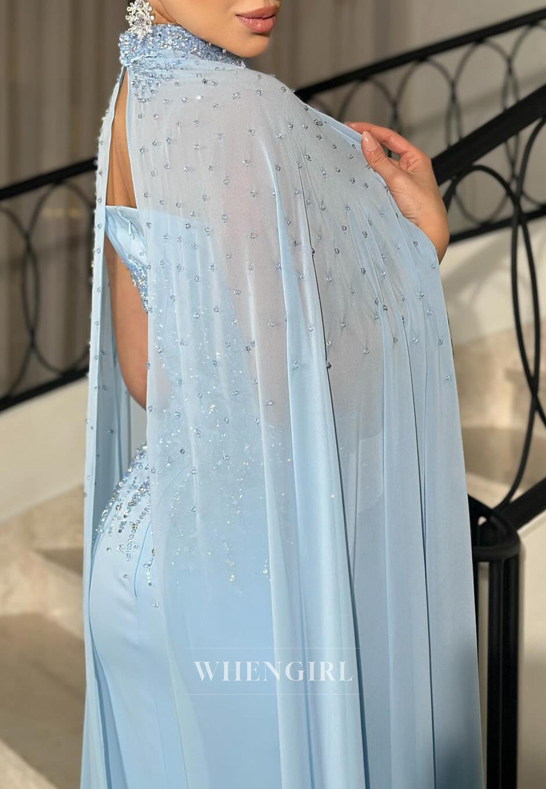 Blue Sheath Sleeveless Beaded Back Zipper Formal Evening Dress with Cape