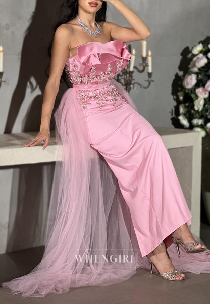 Sheath Asymmetrical Neck Sleeveless Beaded Ankle Length Tulle Train Evening Dress