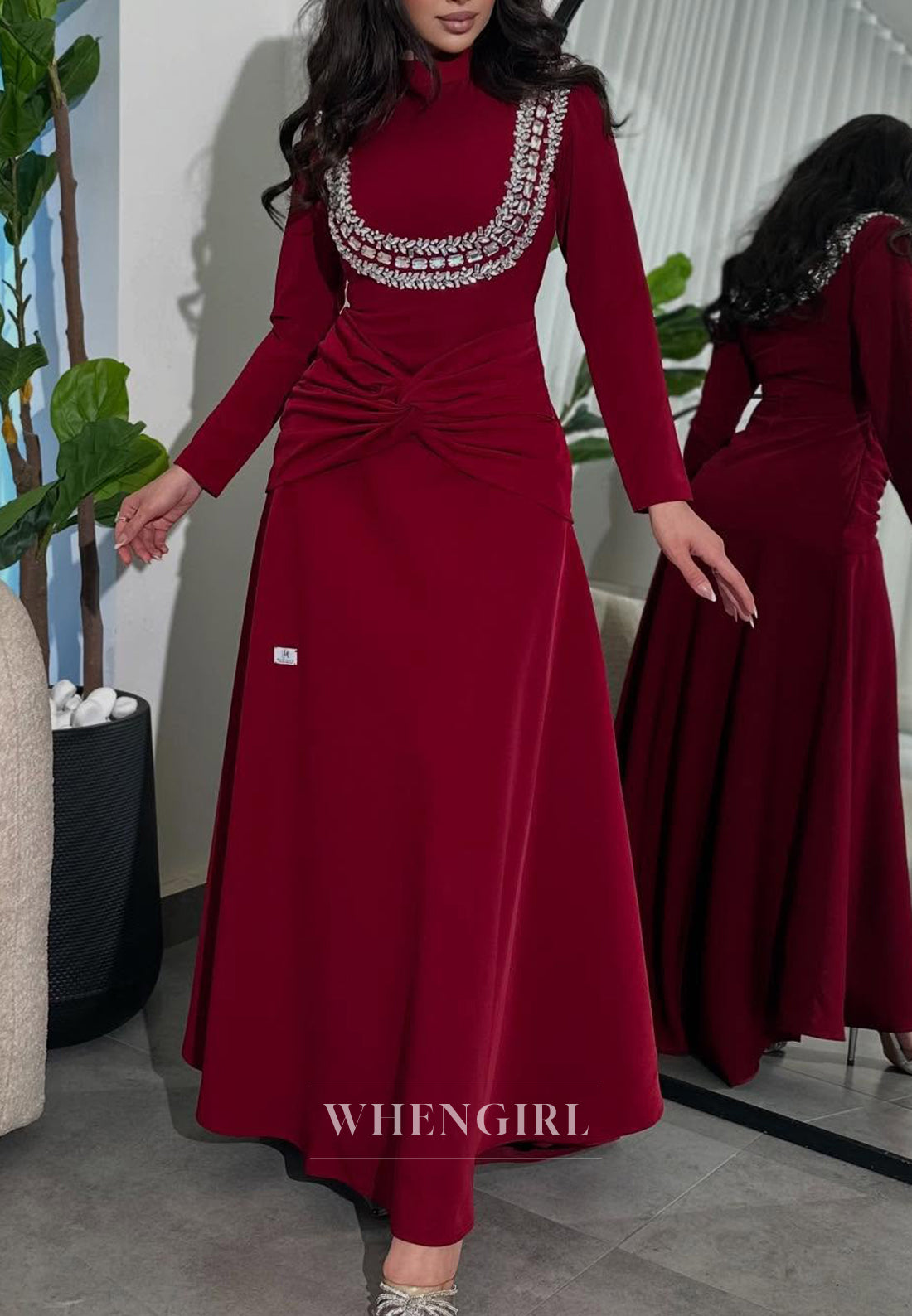 Burgundy Rhinestones Beading Long Sleeves Pleated Back Zipper High Neck A-Line Evening Gown