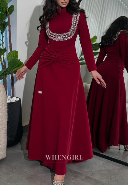 Burgundy Rhinestones Beading Long Sleeves Pleated Back Zipper High Neck A-Line Evening Gown