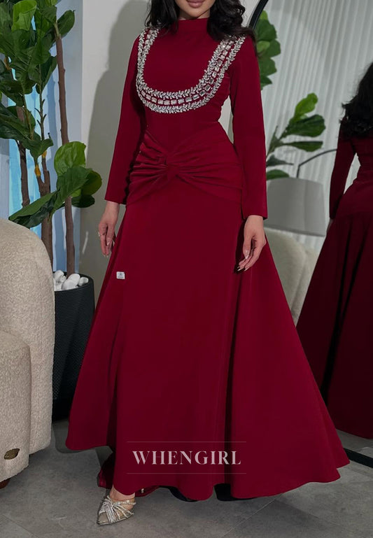 Burgundy Rhinestones Beading Long Sleeves Pleated Back Zipper High Neck A-Line Evening Gown