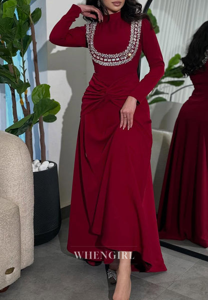 Burgundy Rhinestones Beading Long Sleeves Pleated Back Zipper High Neck A-Line Evening Gown
