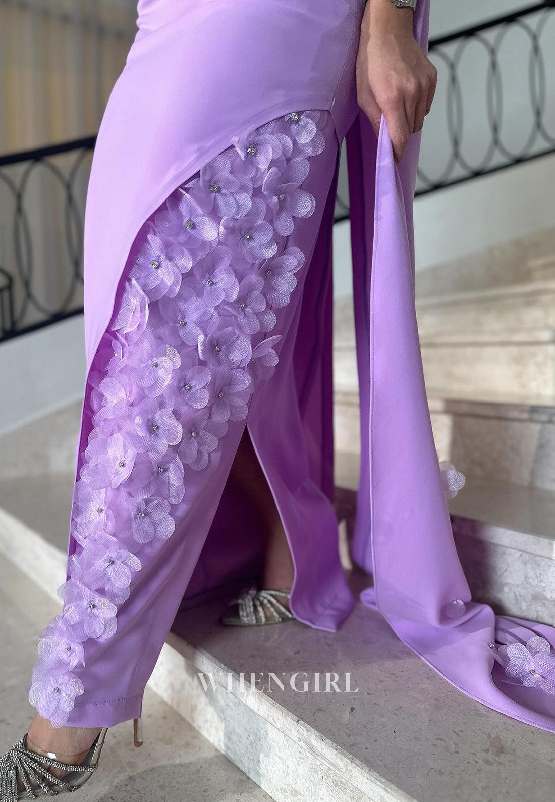 Lilac Off Shoulder Floral Sweep Train Sheath Formal Party Dress