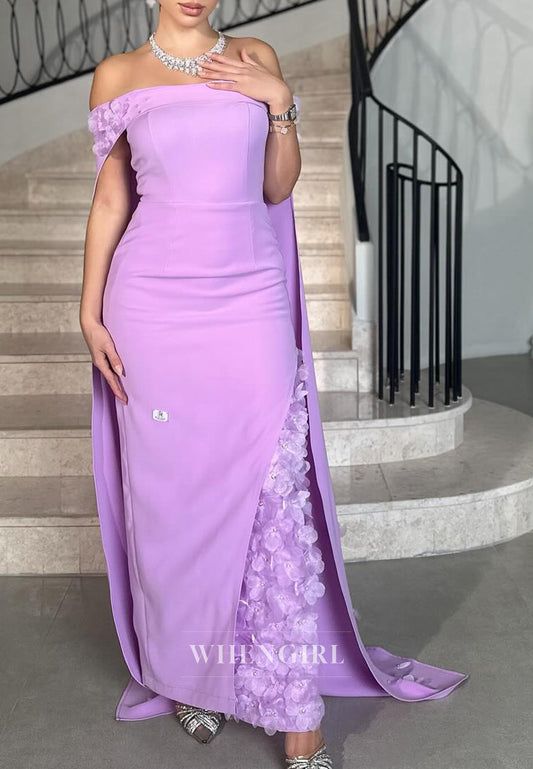 Lilac Off Shoulder Floral Sweep Train Sheath Formal Party Dress