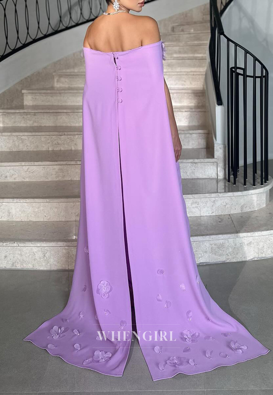 Lilac Off Shoulder Floral Sweep Train Sheath Formal Party Dress