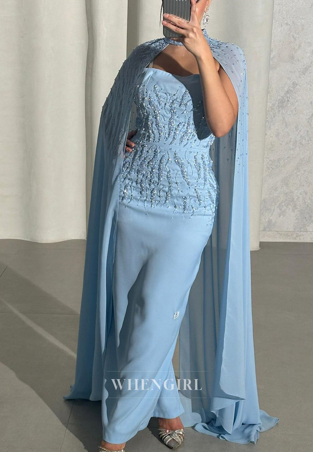 Blue Sheath Sleeveless Beaded Back Zipper Formal Evening Dress with Cape