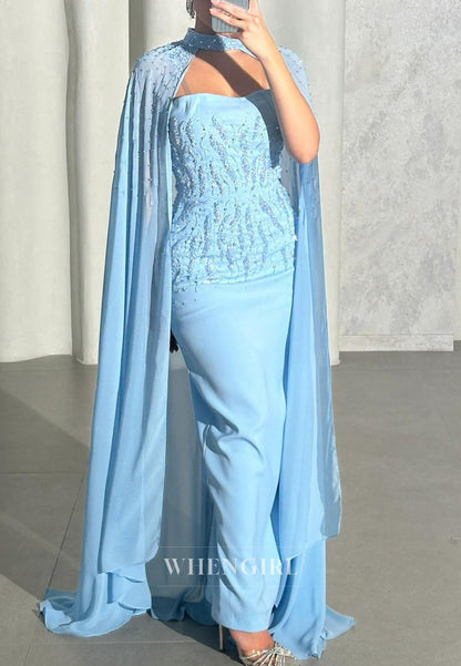 Blue Sheath Sleeveless Beaded Back Zipper Formal Evening Dress with Cape