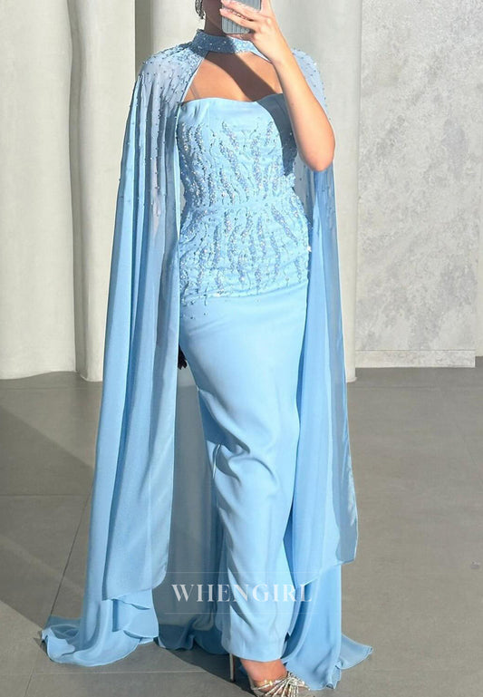Blue Sheath Sleeveless Beaded Back Zipper Formal Evening Dress with Cape