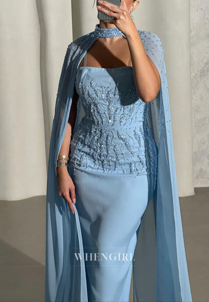 Blue Sheath Sleeveless Beaded Back Zipper Formal Evening Dress with Cape