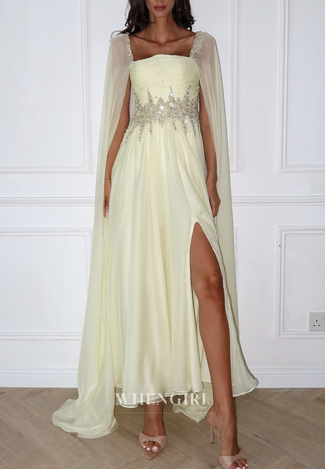 Light Yellow Square Neck Long Sleeves Beaded Side Slit Back Zipper A-Line Evening Formal Dress