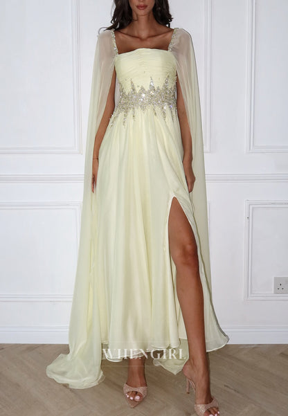 Light Yellow Square Neck Long Sleeves Beaded Side Slit Back Zipper A-Line Evening Formal Dress
