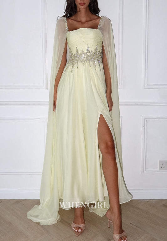 Light Yellow Square Neck Long Sleeves Beaded Side Slit Back Zipper A-Line Evening Formal Dress
