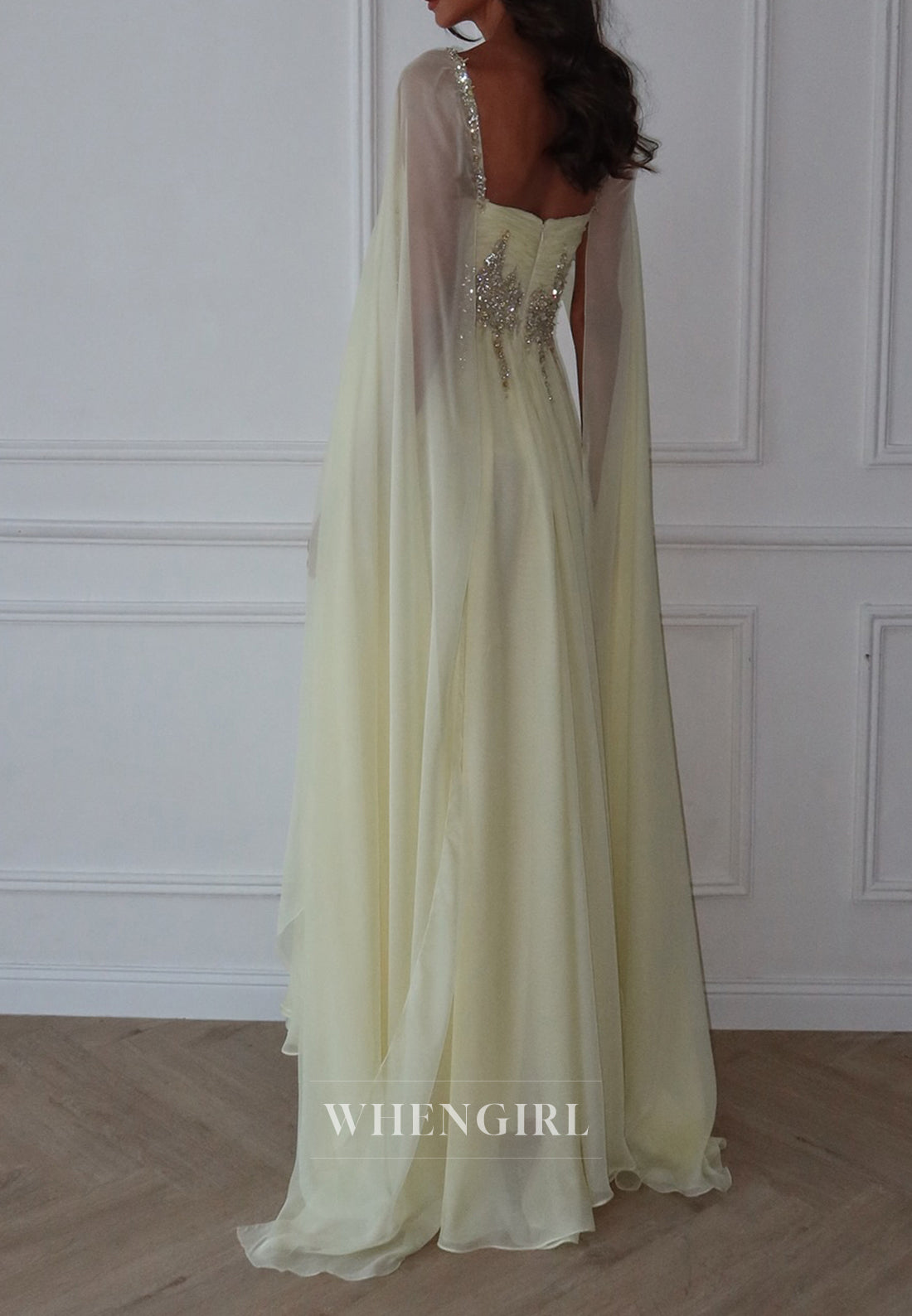 Light Yellow Square Neck Long Sleeves Beaded Side Slit Back Zipper A-Line Evening Formal Dress