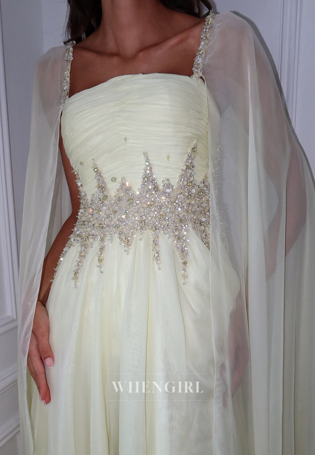 Light Yellow Square Neck Long Sleeves Beaded Side Slit Back Zipper A-Line Evening Formal Dress