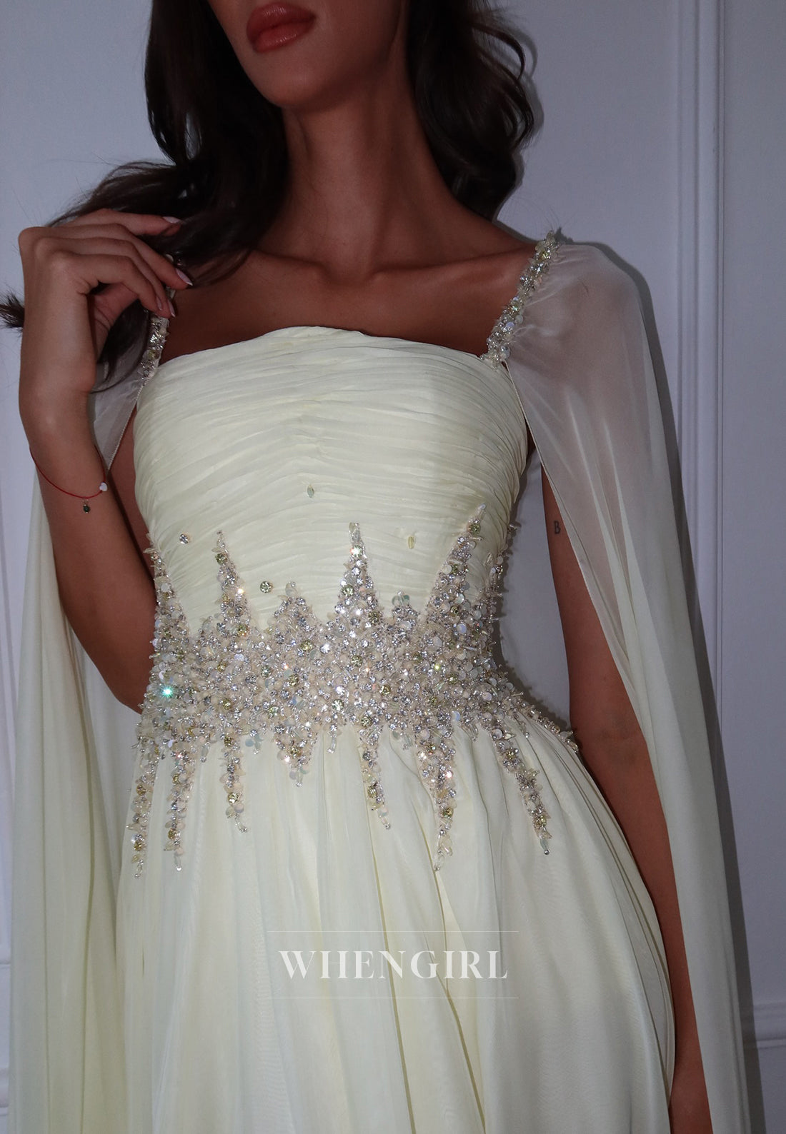 Light Yellow Square Neck Long Sleeves Beaded Side Slit Back Zipper A-Line Evening Formal Dress