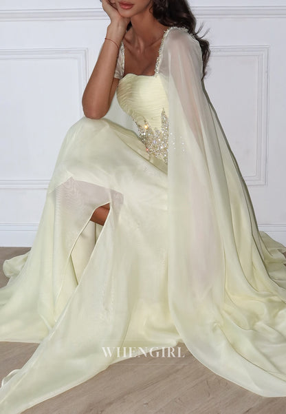 Light Yellow Square Neck Long Sleeves Beaded Side Slit Back Zipper A-Line Evening Formal Dress