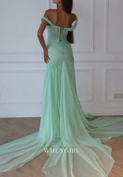 Turquoise Off Shoulder Beaded Pleated Lace Up Asymmetrical Hem Sheath Formal Dress