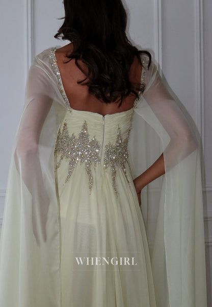 Light Yellow Square Neck Long Sleeves Beaded Side Slit Back Zipper A-Line Evening Formal Dress
