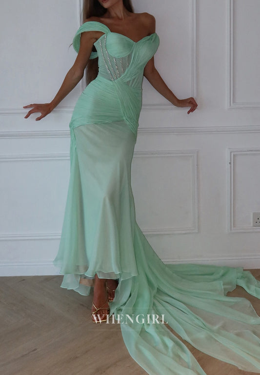 Turquoise Off Shoulder Beaded Pleated Lace Up Asymmetrical Hem Sheath Formal Dress