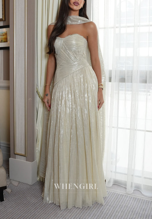 Sweetheart Sleeveless Pleated Back Zipper A-Line Evening Dress with Scarf