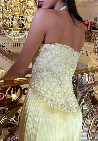 Yellow Halter Sleeveless Beaded Column Back Zipper Evening Dress