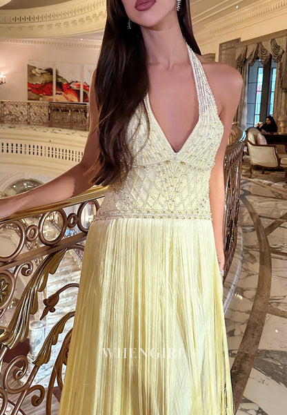 Yellow Halter Sleeveless Beaded Column Back Zipper Evening Dress